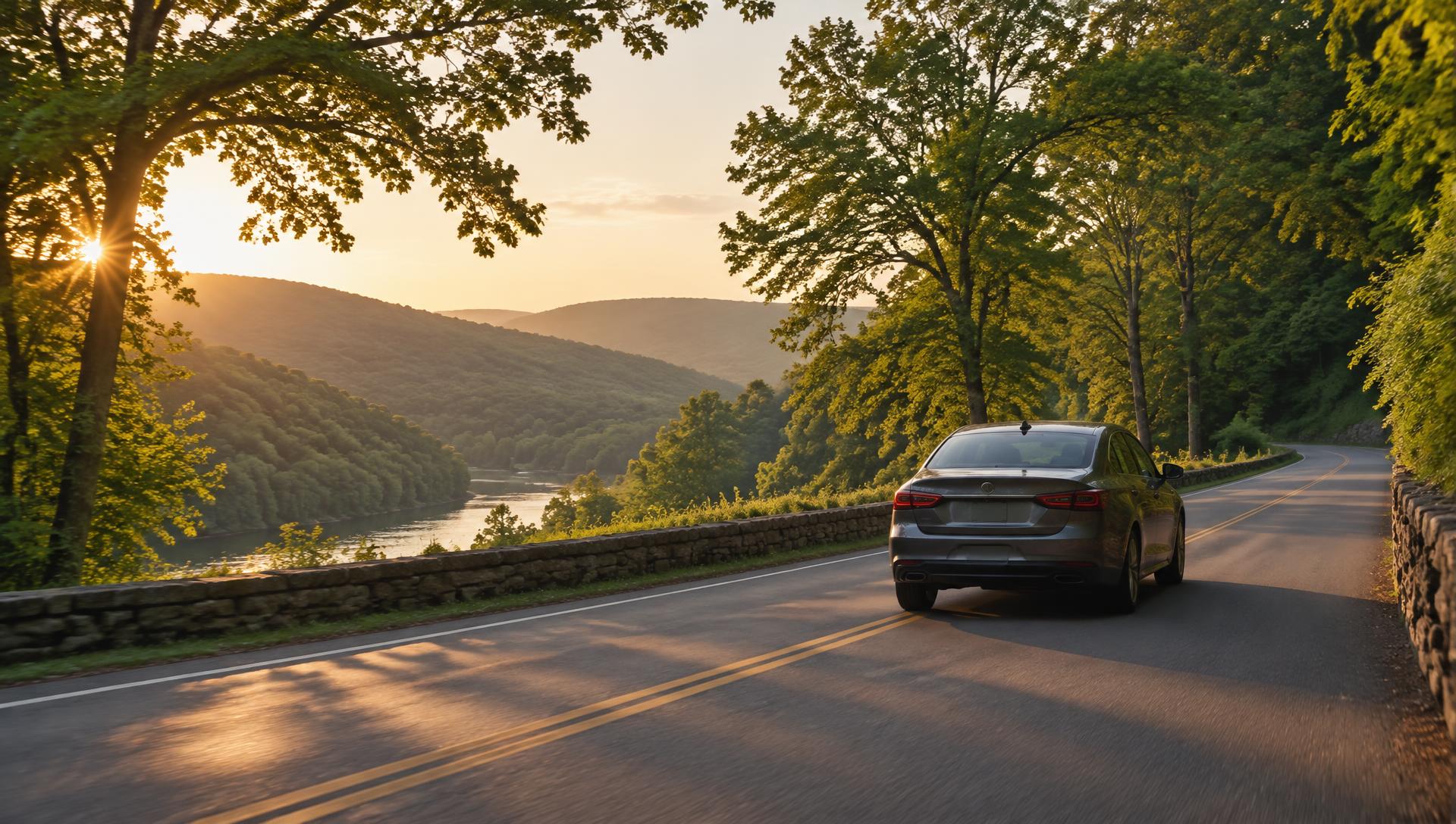 Everyday sedan traveling along a quiet Pennsylvania road