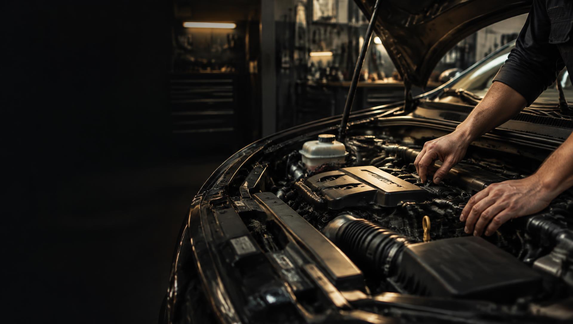 Close-up of hands carefully working beneath a vehicle hood