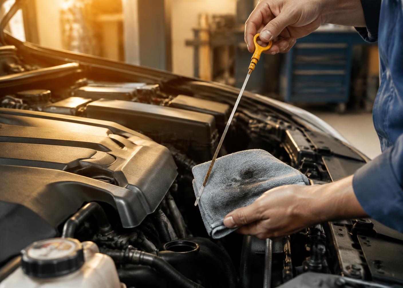 Careful routine maintenance beneath a vehicle hood
